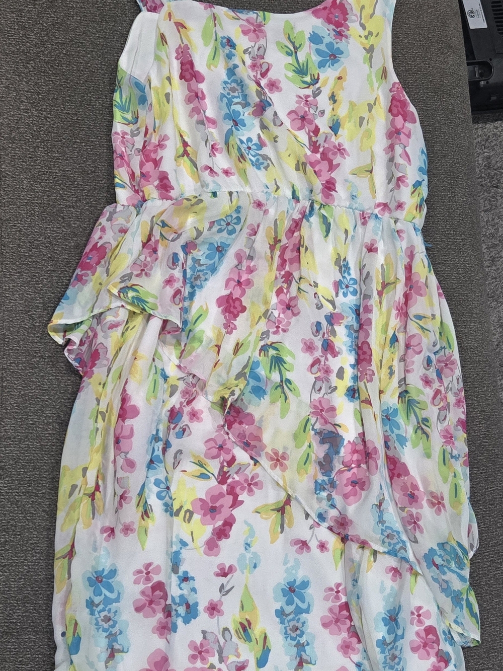 George Floral Tiered White Dress with Pink, Blue & Yellow Flowers